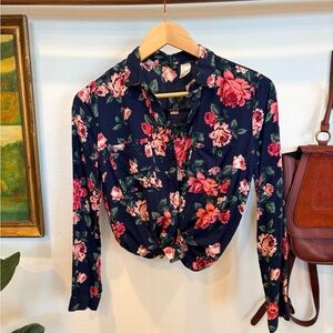 Floral Button Up Blouse Navy Rose Print Tie Front Cottagecore Top S